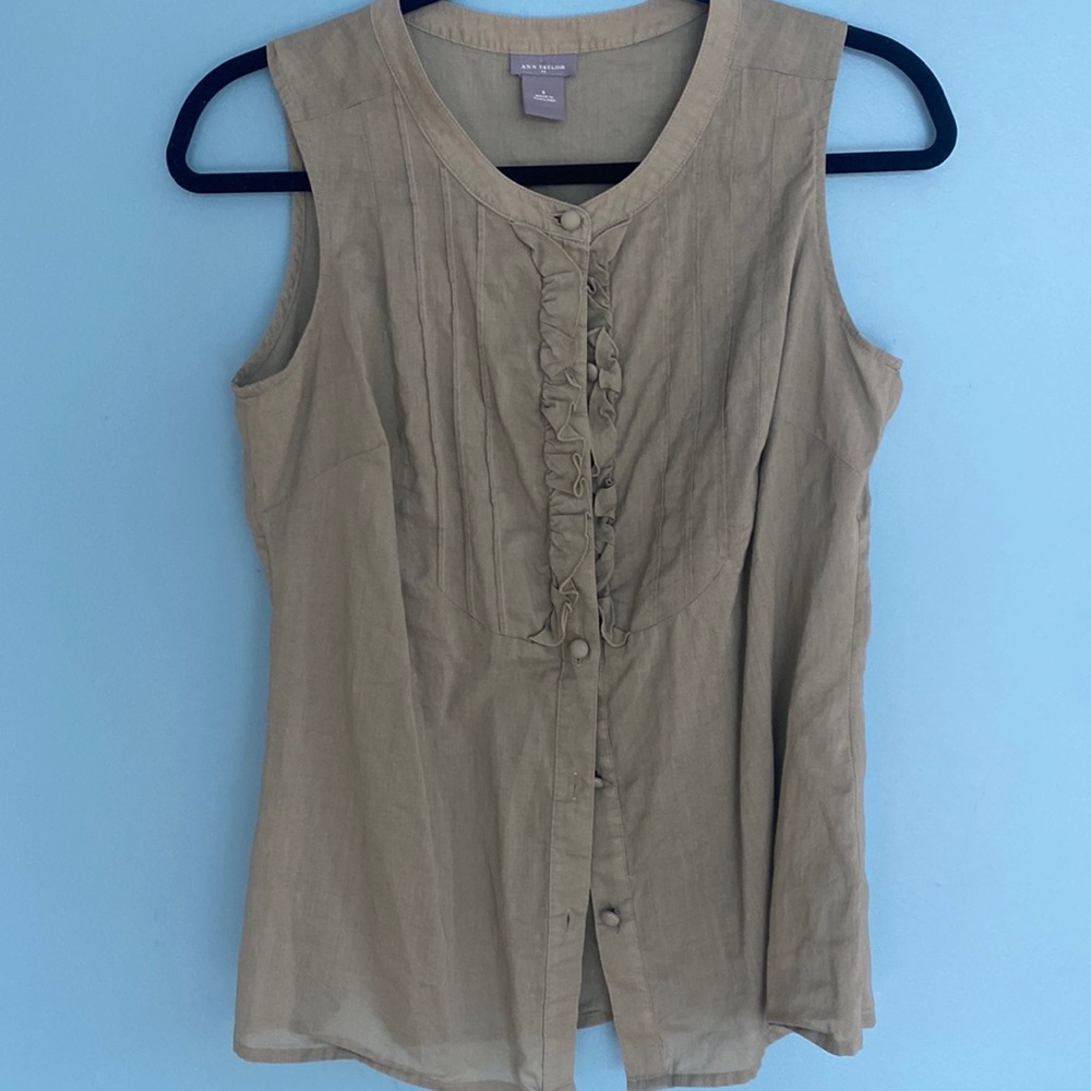 Ann Taylor Olive Green Ruffled Sleeveless Top Size 6
